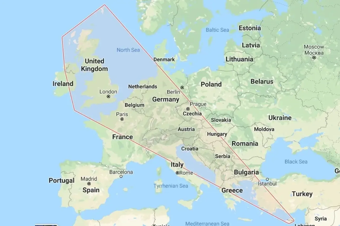 Google Business Profile map showing a UK service area stretching across Europe down to Cyprus