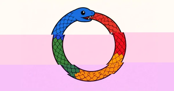 a snake coloured in Google's blue, red, yellow and green eating its own tail, an ouroboros representing AI search consuming its own content
