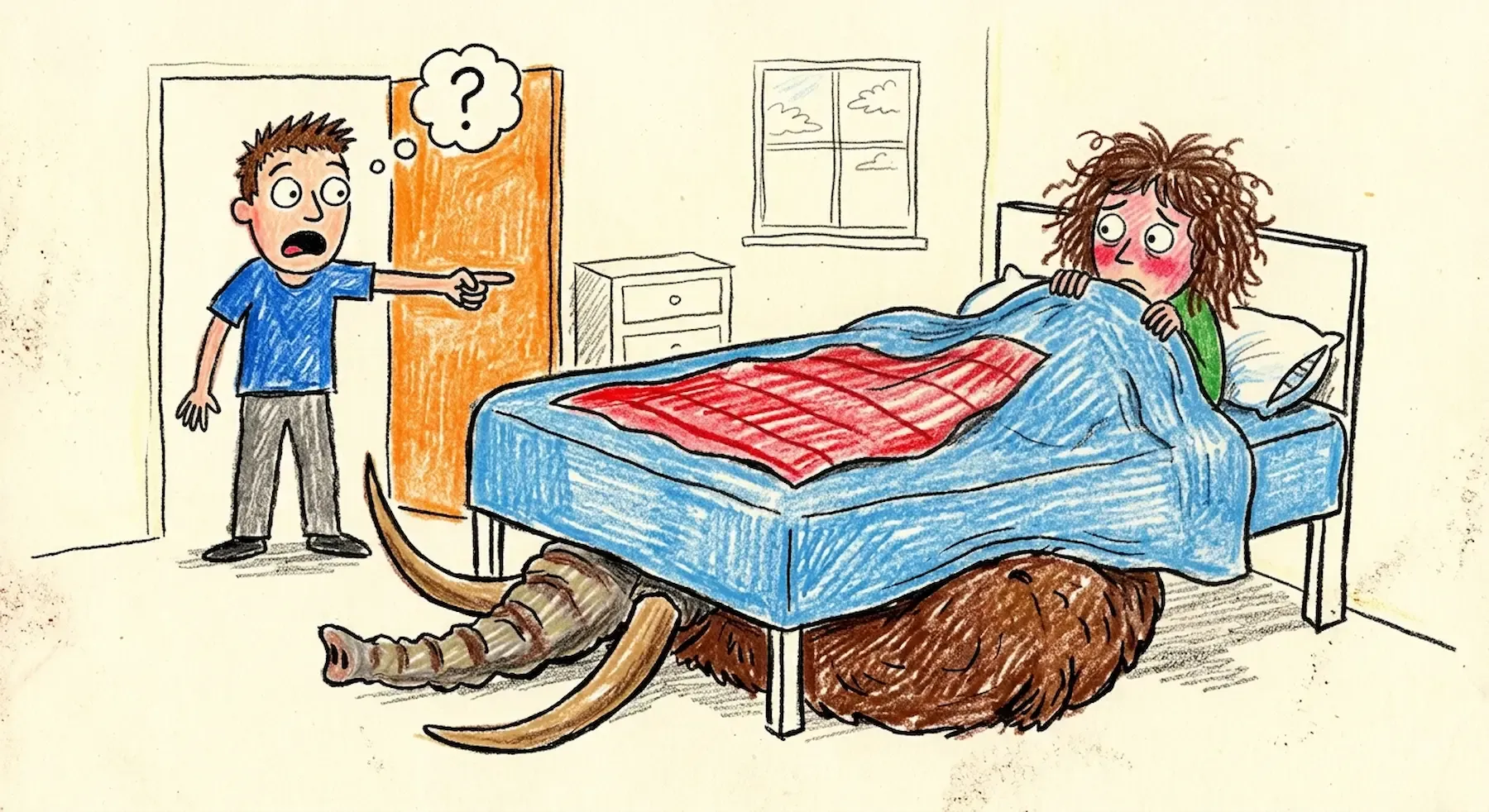 a crayon-style drawing of a woolly mammoth hiding under a single bed, tusks and fur sticking out either side, while a startled child in the bed points it out to another child in the doorway