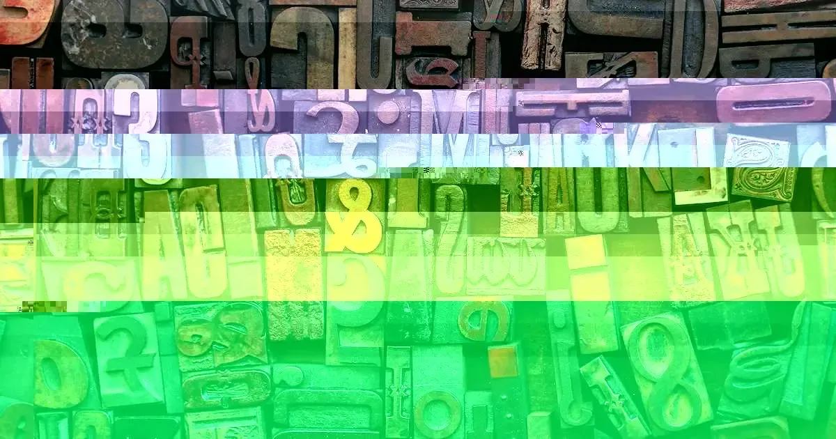 a glitched close-up of a tray of wooden letterpress type blocks, each letter a different width