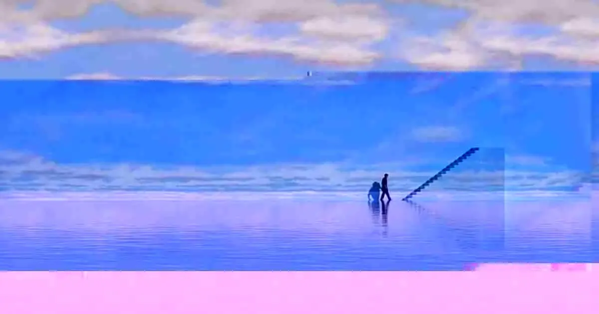 A glitched still from The Truman Show: Truman at the edge of the set, with a staircase leading up and out.