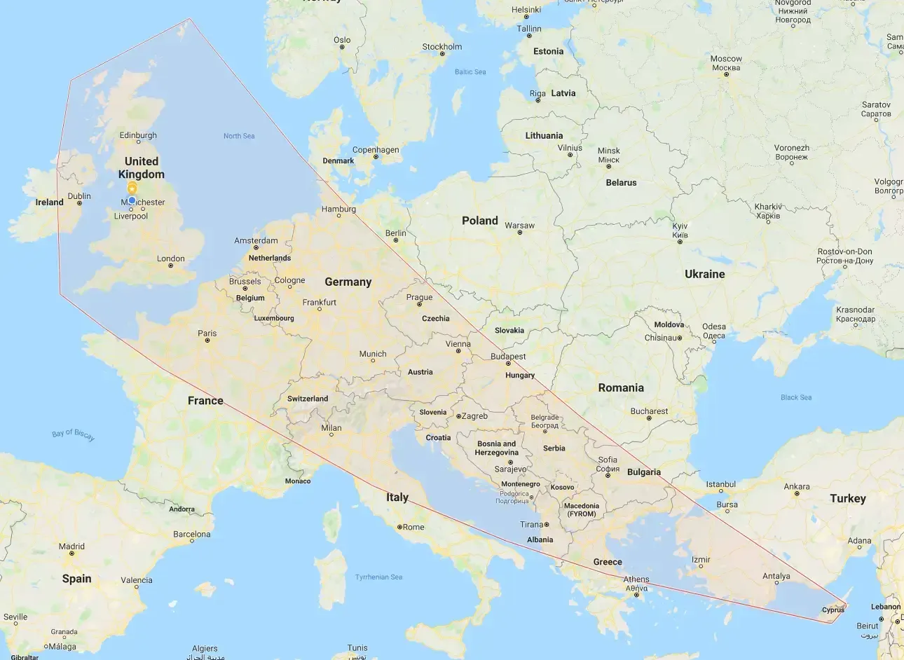 Google Business Profile service area polygon stretching from the UK across Europe down towards Cyprus