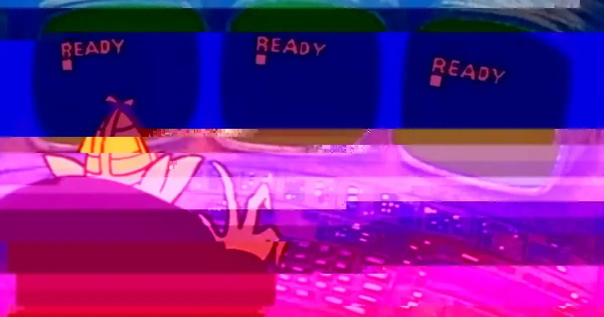three glitched retro computer monitors, each showing a READY prompt, with hands at a keyboard below