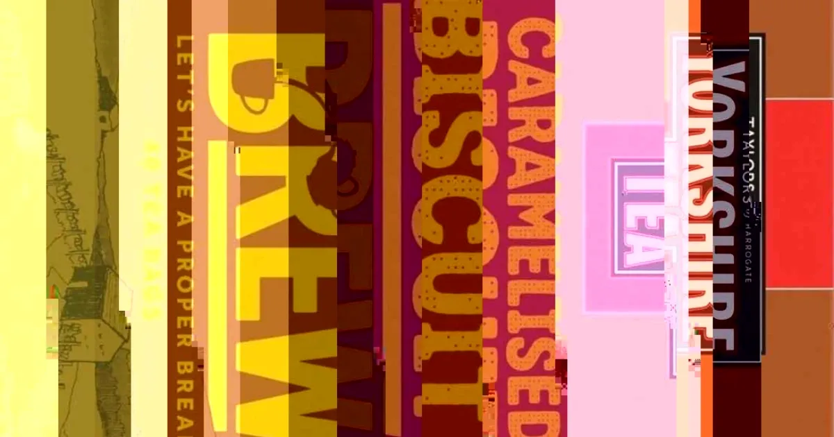 a box of Yorkshire Tea Caramelised Biscuit Brew turned on its side, glitched into vertical bands of yellow, pink and red